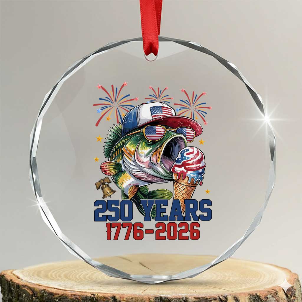 America 250th Fishing Crystal Glass Ornament Patriotic Bass Fish American Flag