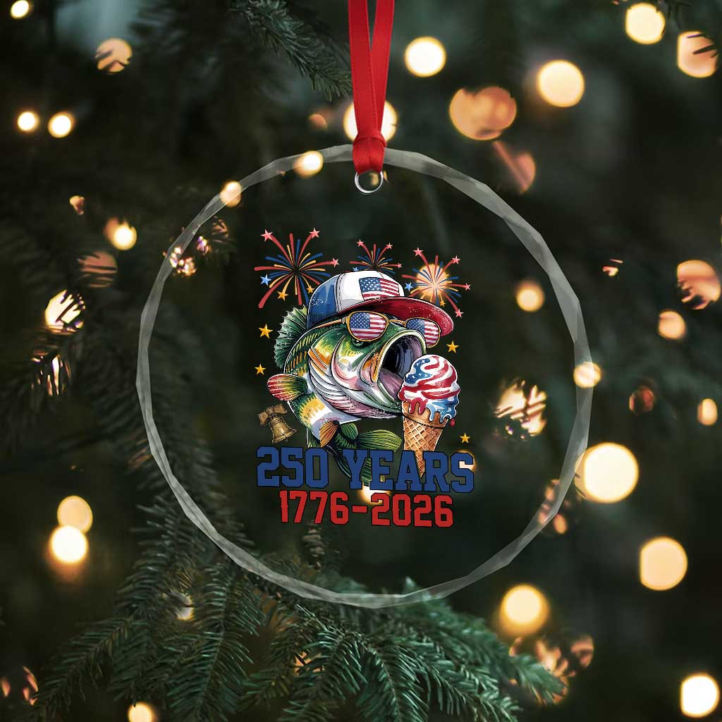 America 250th Fishing Crystal Glass Ornament Patriotic Bass Fish American Flag