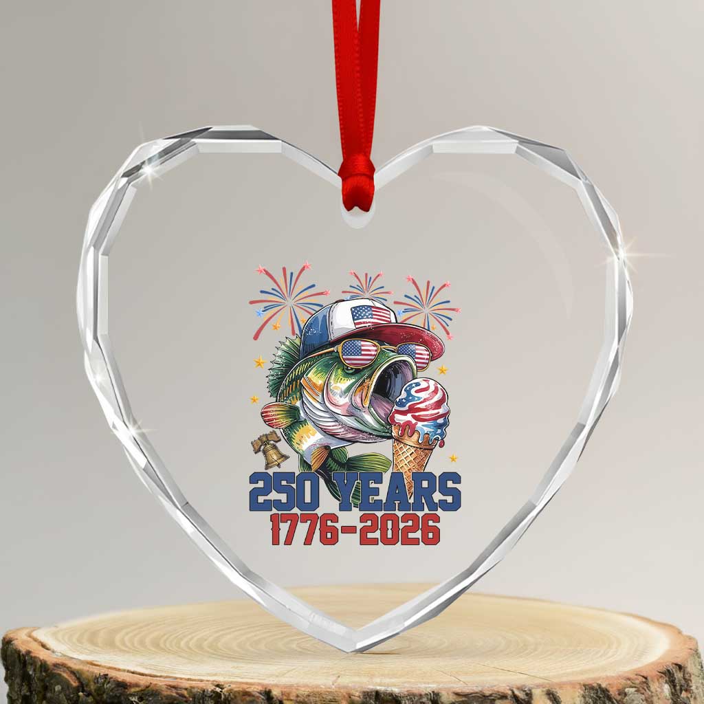 America 250th Fishing Heart Crystal Glass Ornament Patriotic Bass Fish American Flag