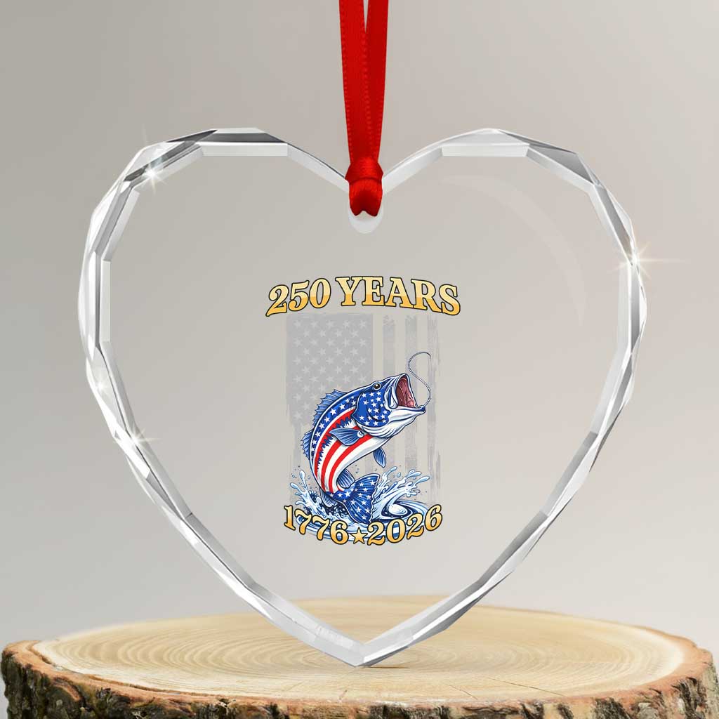 America 250th Fishing Heart Crystal Glass Ornament Patriotic Fisherman American Flag