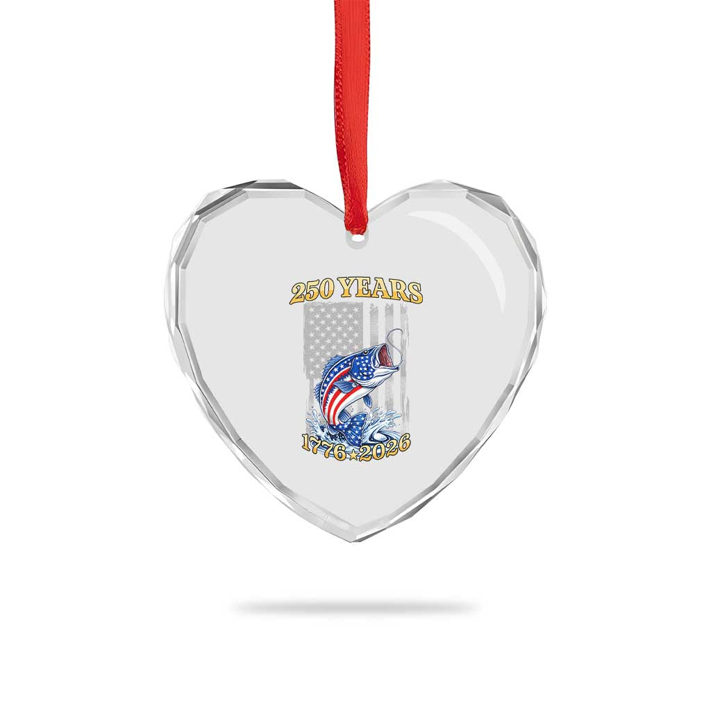 America 250th Fishing Heart Crystal Glass Ornament Patriotic Fisherman American Flag