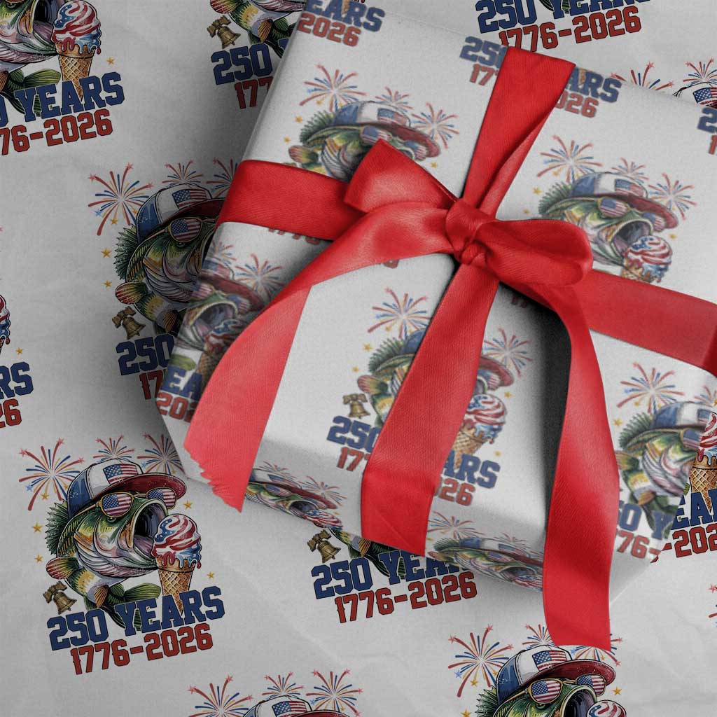America 250th Fishing Wrapping Paper Roll Patriotic Bass Fish American Flag