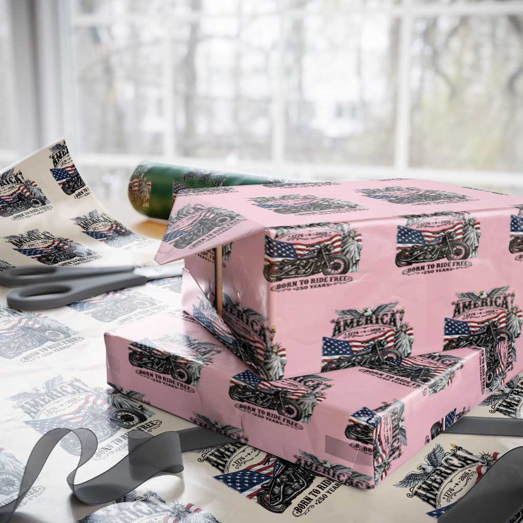 America Born to Ride Free 250 Years Biker Wrapping Paper Roll American Flag Chopper Motorcycle Statue of Liberty 1776 to 2026 Semiquincentennial