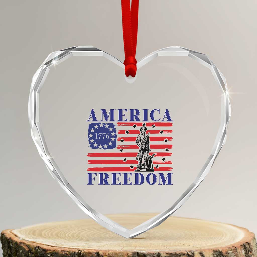 America Freedom 1776 Revolutionary War Heart Crystal Glass Ornament Minuteman Betsy Ross Flag Patriotic History