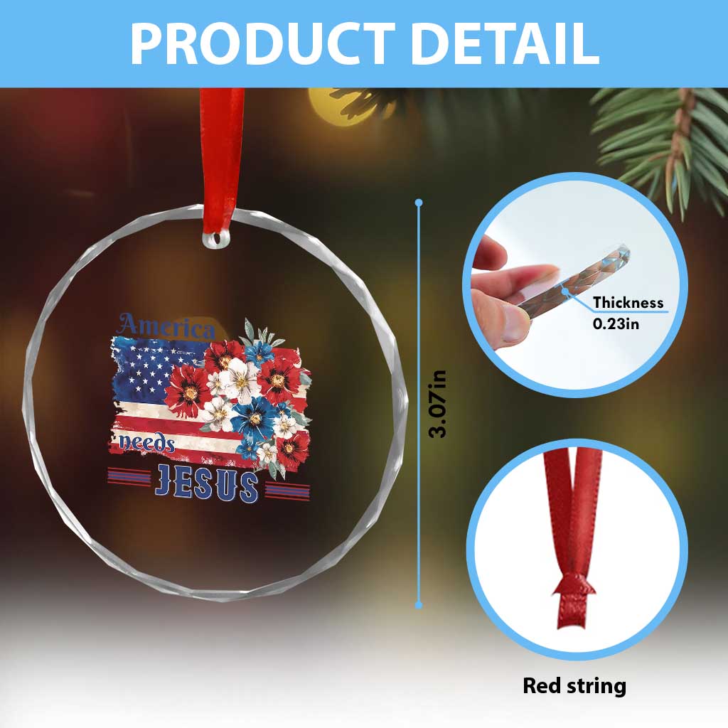 America Needs Jesus Crystal Glass Ornament Christian Floral US Flag 4th of July