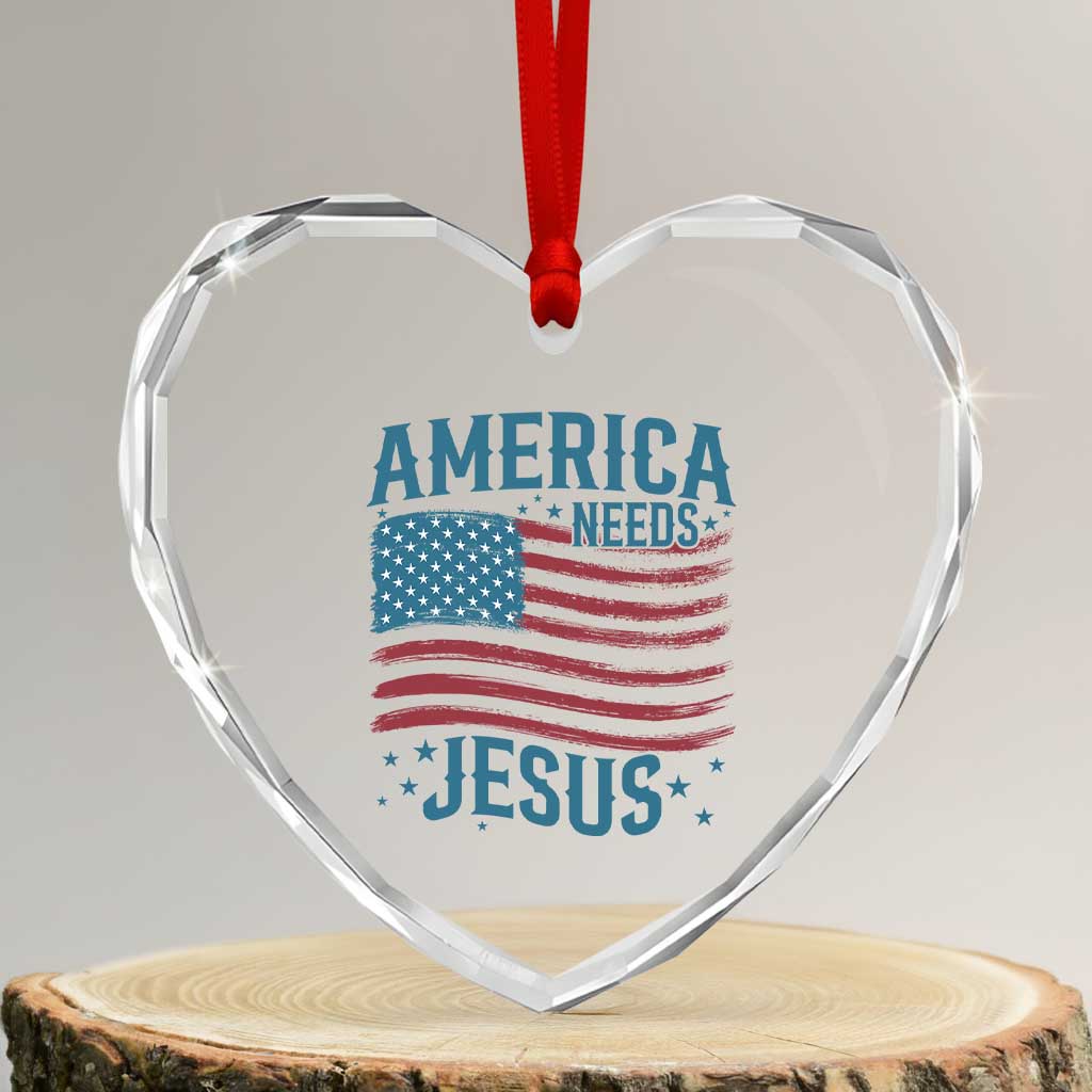 America Needs Jesus Heart Crystal Glass Ornament 4th of July Christian