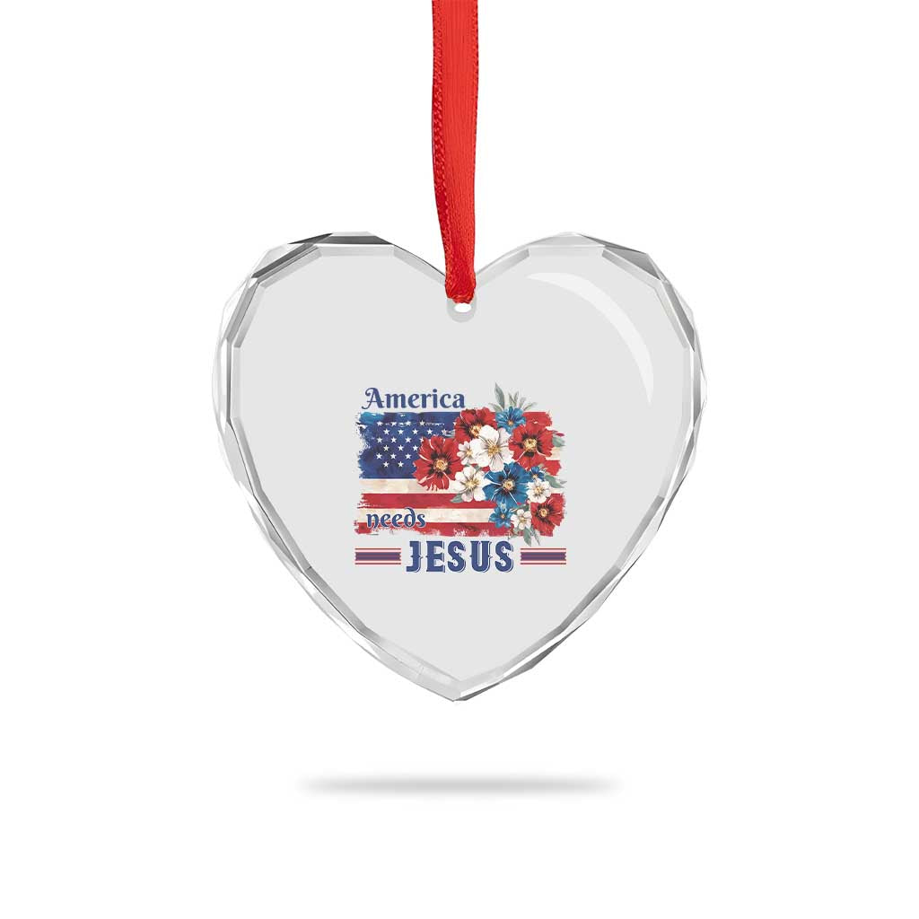 America Needs Jesus Heart Crystal Glass Ornament Christian Floral US Flag 4th of July