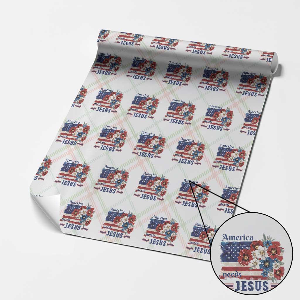 America Needs Jesus Wrapping Paper Roll Christian Floral US Flag 4th of July