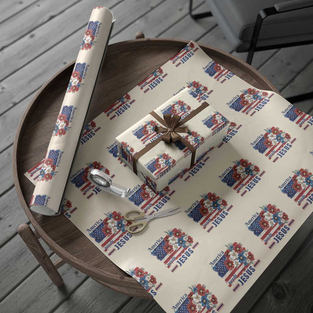America Needs Jesus Wrapping Paper Roll Christian Floral US Flag 4th of July