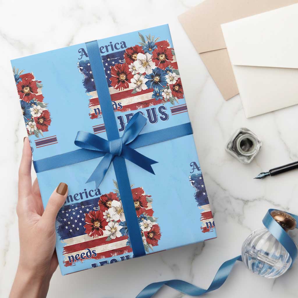 America Needs Jesus Wrapping Paper Roll Christian Floral US Flag 4th of July
