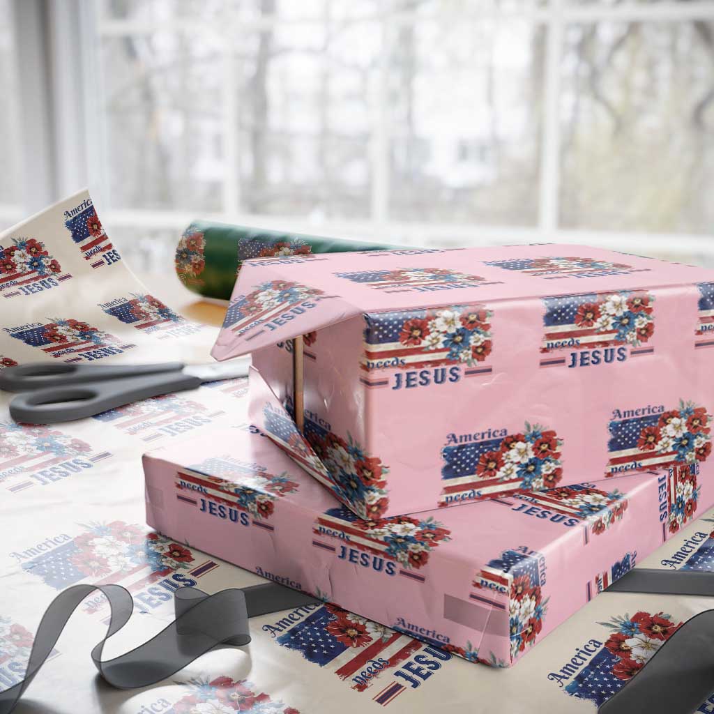 America Needs Jesus Wrapping Paper Roll Christian Floral US Flag 4th of July