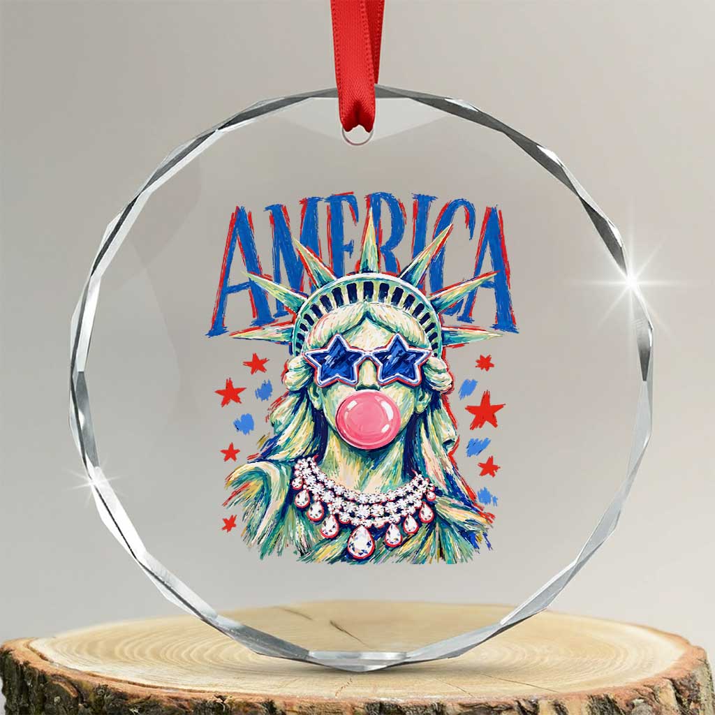 America Statue of Liberty Blowing Bubblegum Crystal Glass Ornament Star and Glasses Patriotic Summer Vibes Graphic