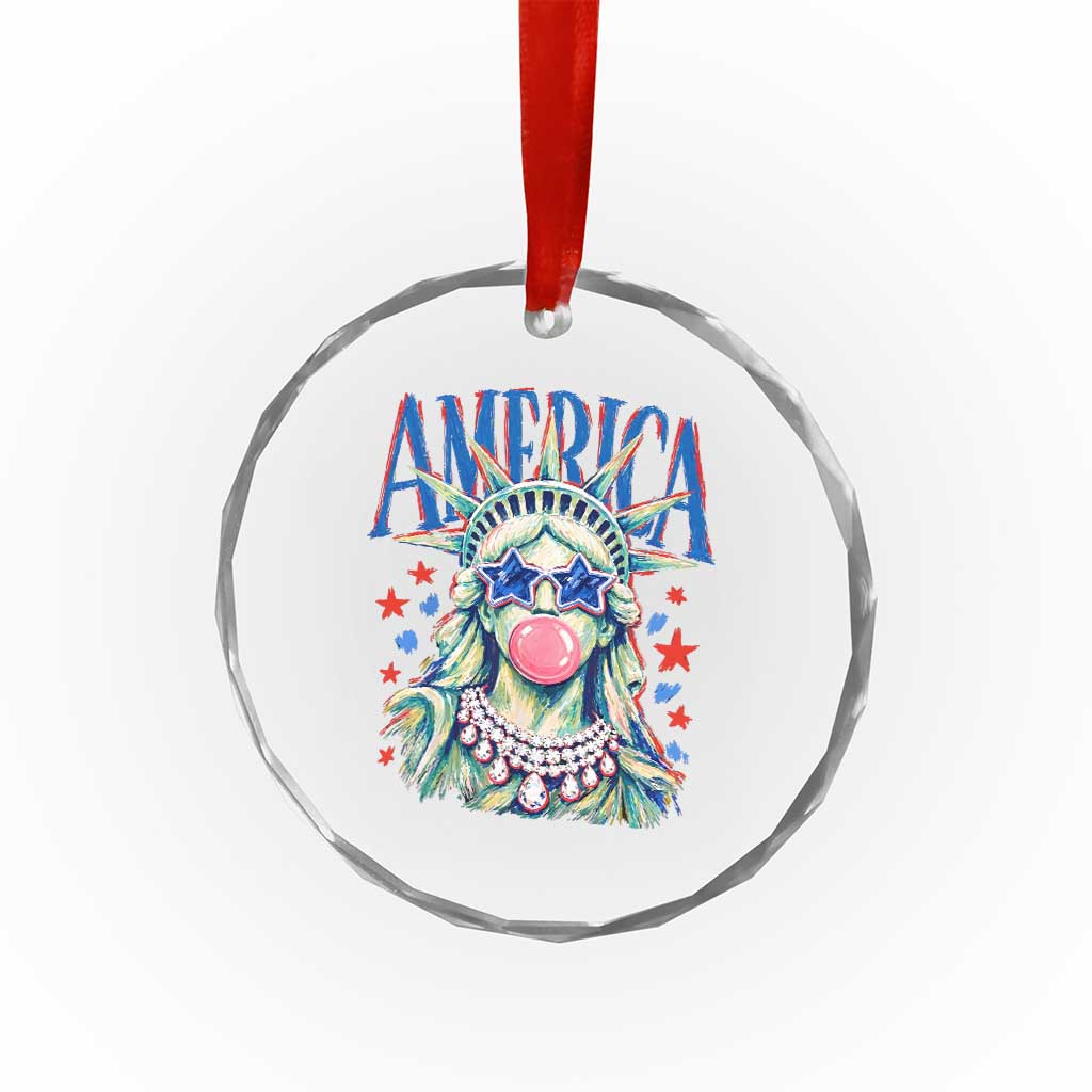 America Statue of Liberty Blowing Bubblegum Crystal Glass Ornament Star and Glasses Patriotic Summer Vibes Graphic