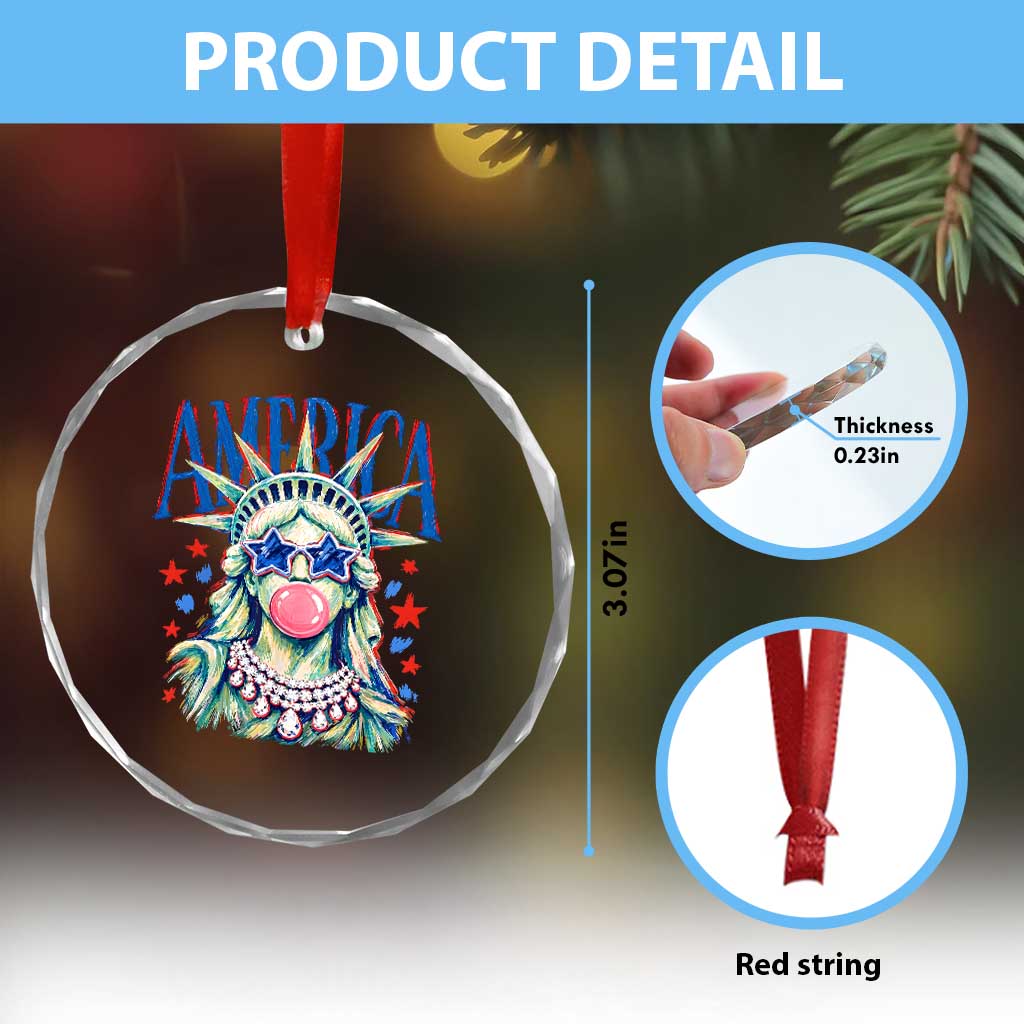 America Statue of Liberty Blowing Bubblegum Crystal Glass Ornament Star and Glasses Patriotic Summer Vibes Graphic