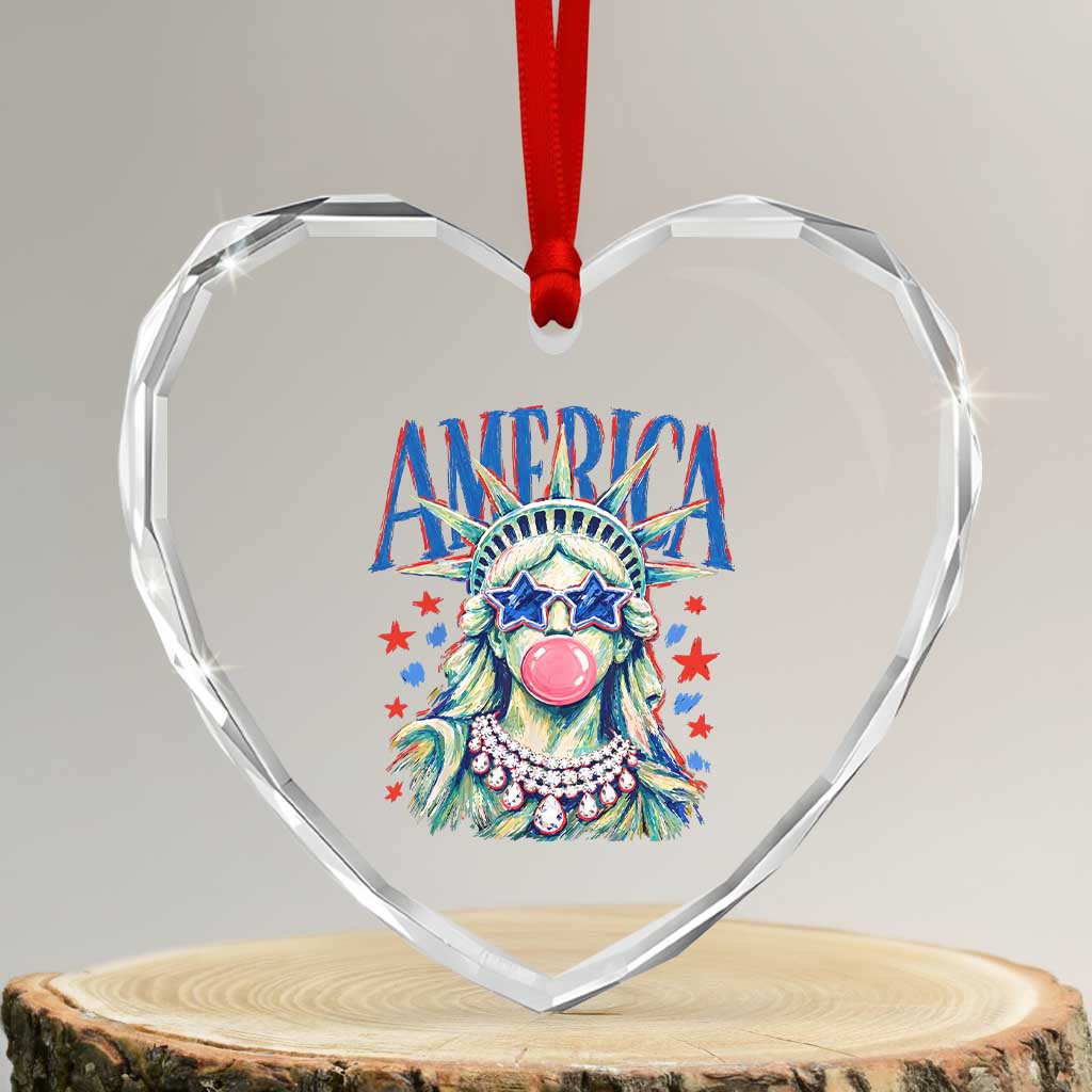 America Statue of Liberty Blowing Bubblegum Heart Crystal Glass Ornament Star and Glasses Patriotic Summer Vibes Graphic