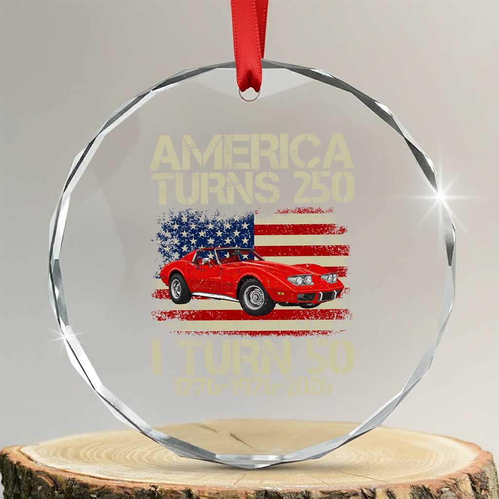America Turns 250 I Turn 50 1976 50th Birthday Crystal Glass Ornament Sports Car Retro Americana