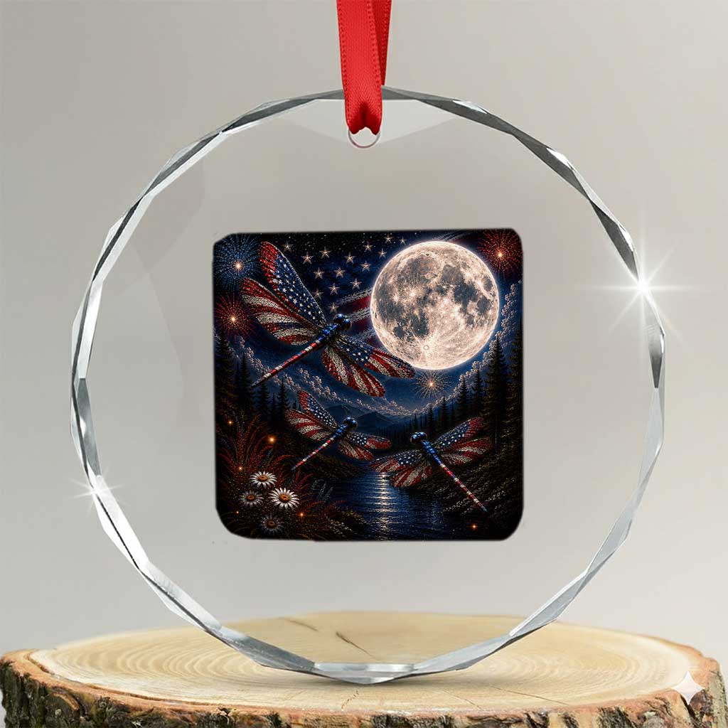 American Flag Dragonfly Patriotic 4th Of July Crystal Glass Ornament