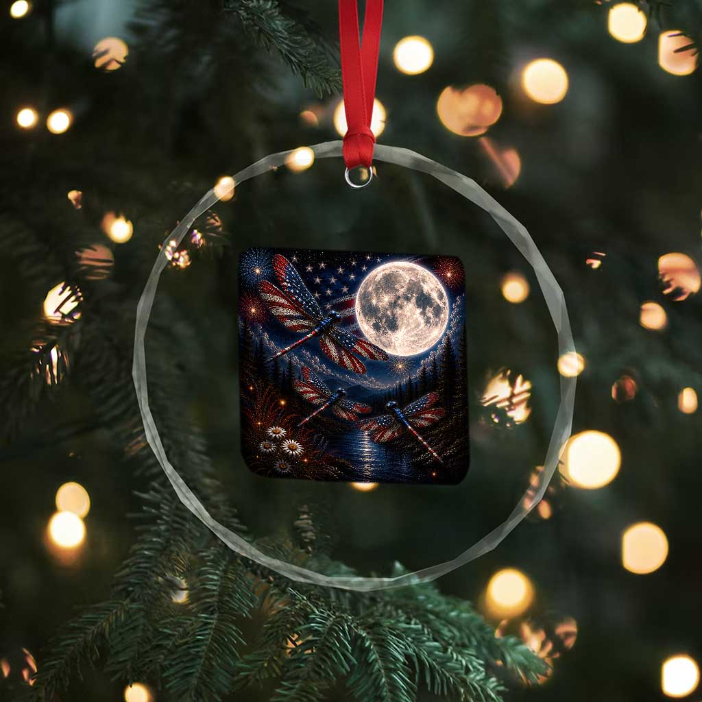 American Flag Dragonfly Patriotic 4th Of July Crystal Glass Ornament