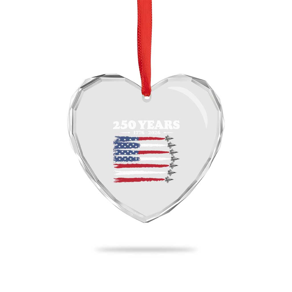 American Flag Fighter Jets Heart Crystal Glass Ornament USA 250 Years Of Freedom
