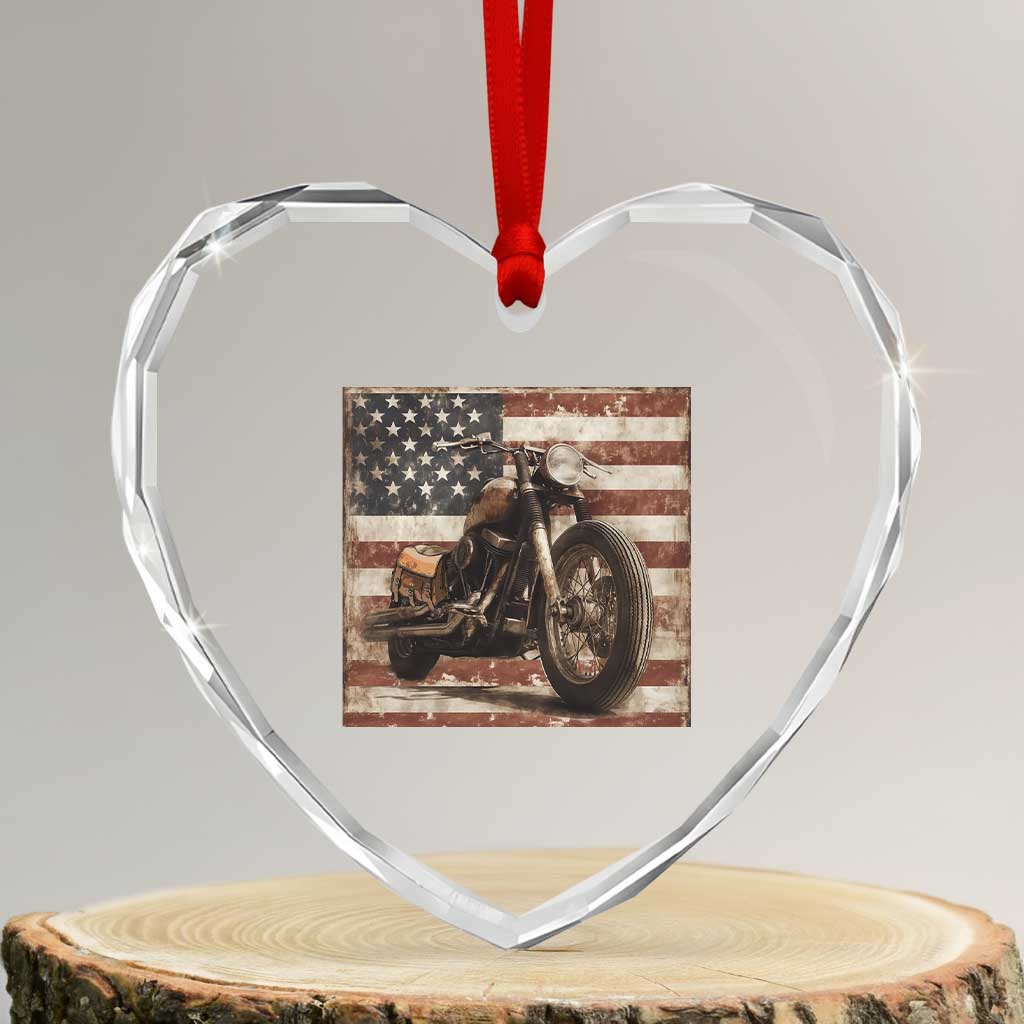 American Flag Motorcycle Heart Crystal Glass Ornament Vintage Retro Biker USA 4th of July - Wonder Print Shop