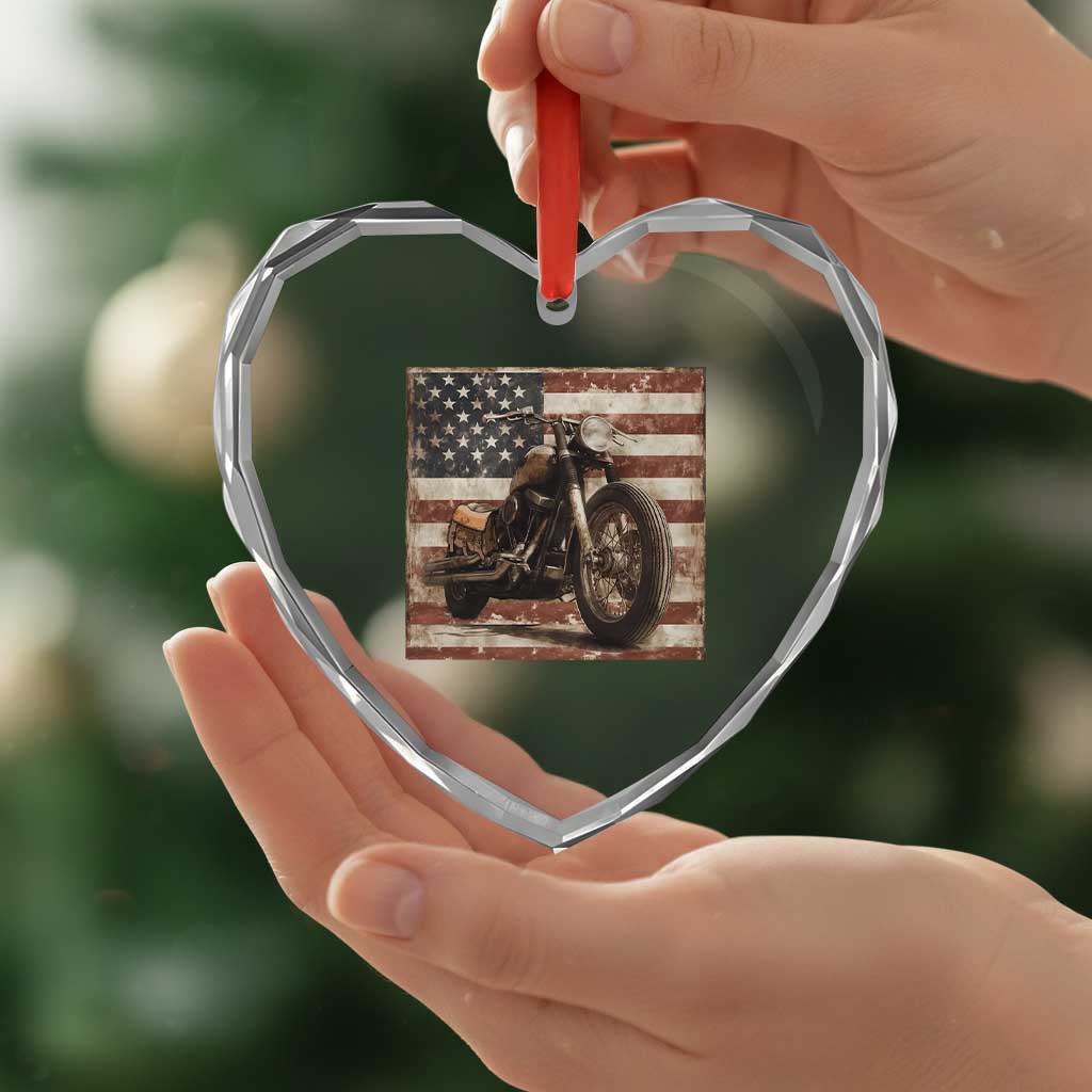American Flag Motorcycle Heart Crystal Glass Ornament Vintage Retro Biker USA 4th of July - Wonder Print Shop