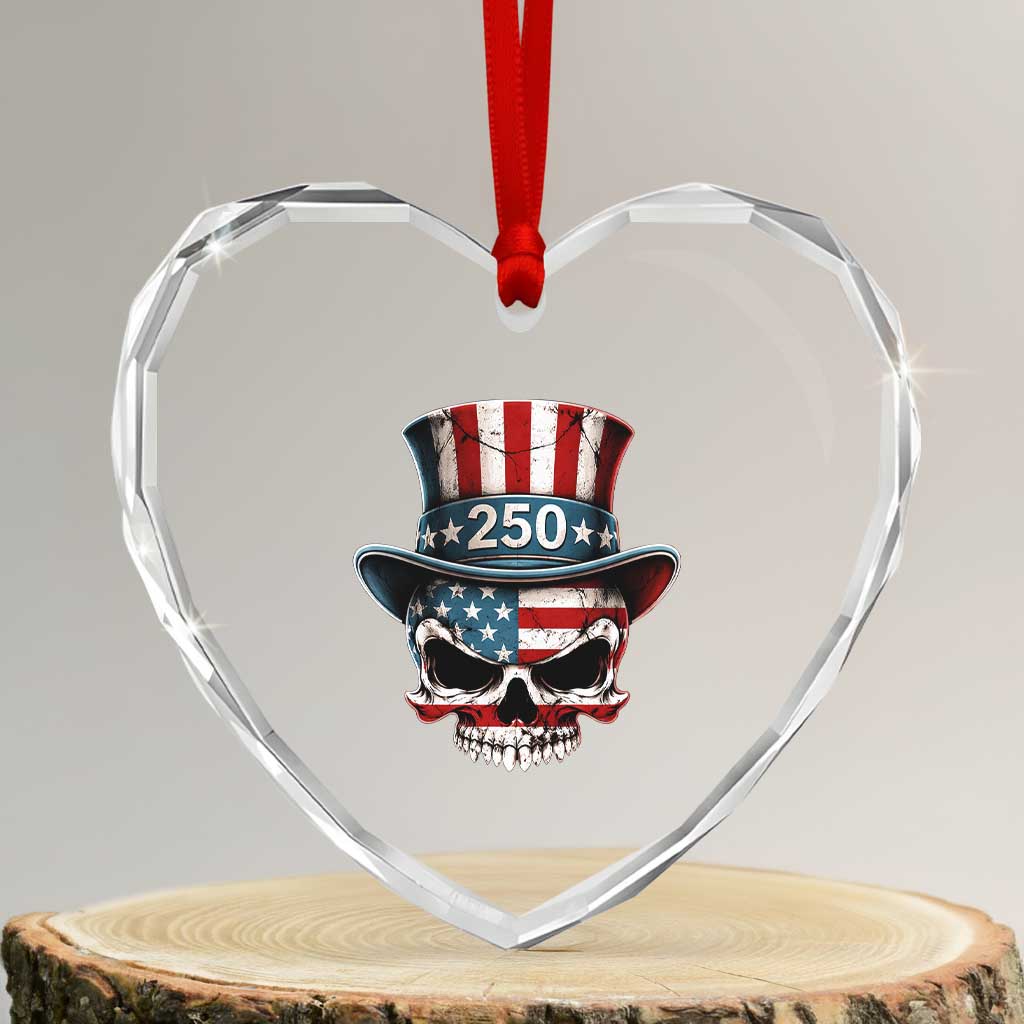 American Flag Skull Patriotic Pride Heart Crystal Glass Ornament USA 250 Anniversary