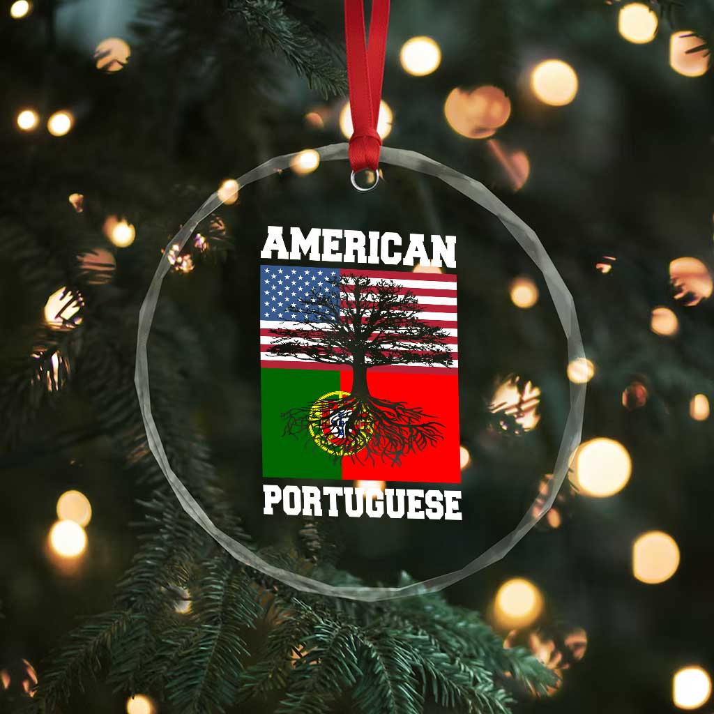 American Grown Portuguese Roots Crystal Glass Ornament Distressed Tree Portugal USA Flag - Wonder Print Shop
