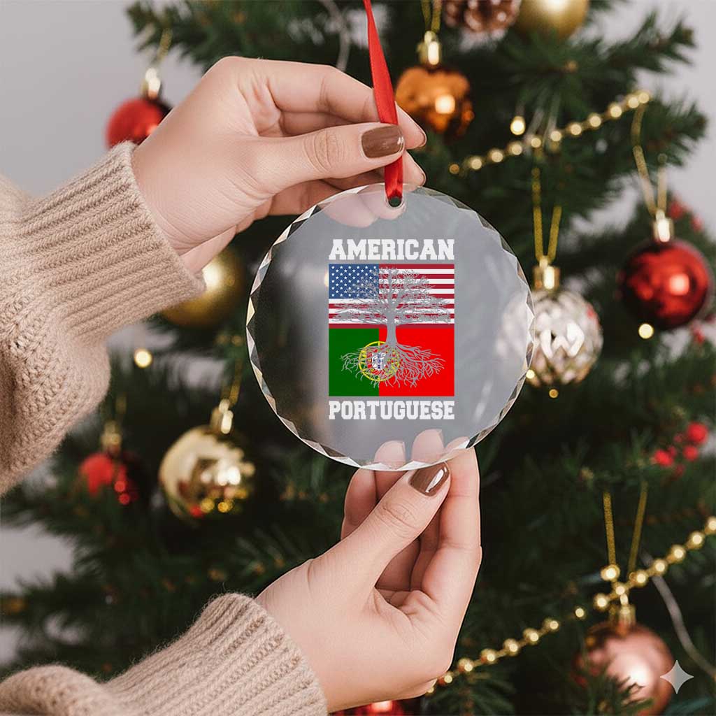 American Grown Portuguese Roots Crystal Glass Ornament Distressed Tree Portugal USA Flag - Wonder Print Shop