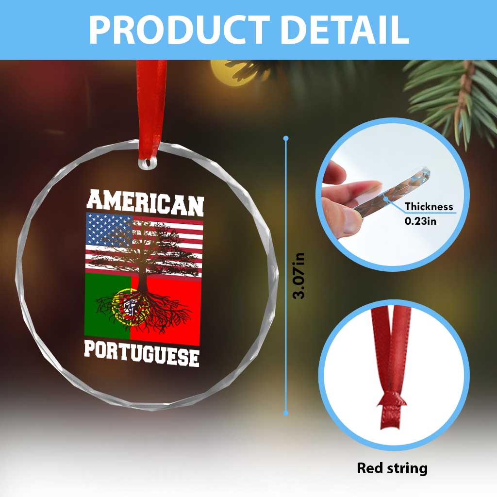 American Grown Portuguese Roots Crystal Glass Ornament Distressed Tree Portugal USA Flag - Wonder Print Shop
