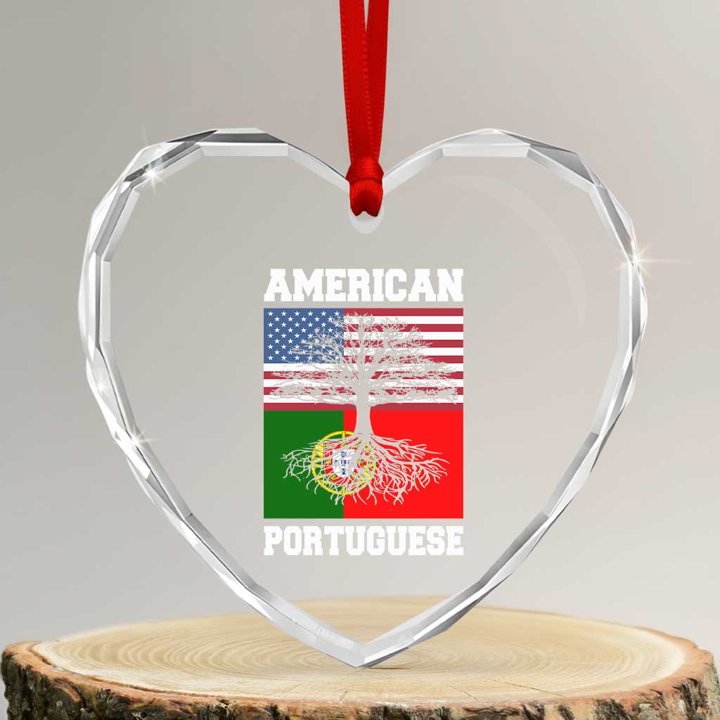 American Grown Portuguese Roots Heart Crystal Glass Ornament Distressed Tree Portugal USA Flag - Wonder Print Shop