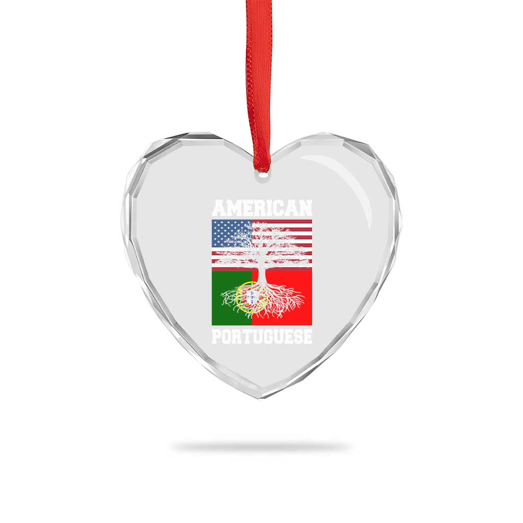 American Grown Portuguese Roots Heart Crystal Glass Ornament Distressed Tree Portugal USA Flag - Wonder Print Shop