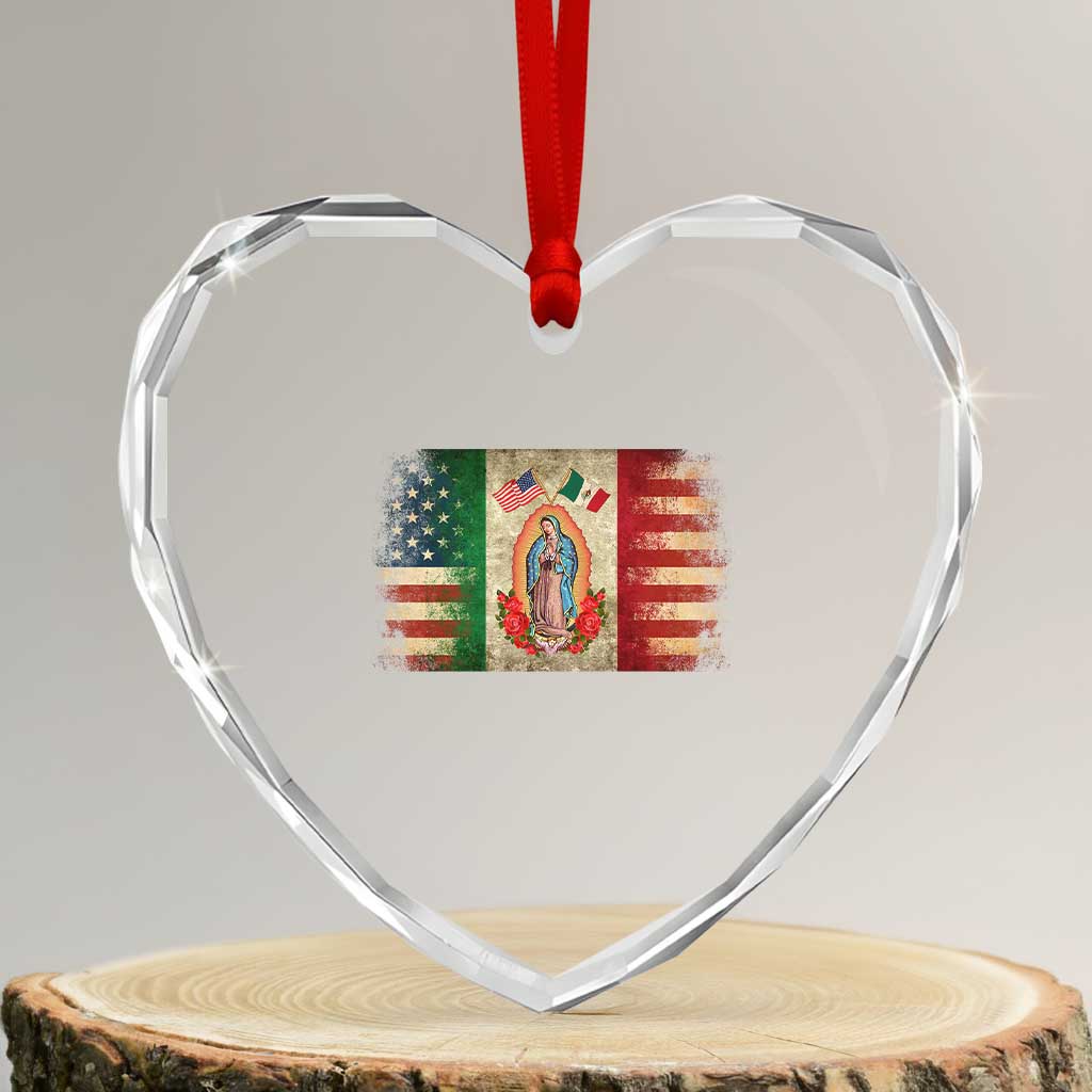 American Mexican Flag Heart Crystal Glass Ornament Virgin Mary Mexico Heritage Mexican Roots - Wonder Print Shop