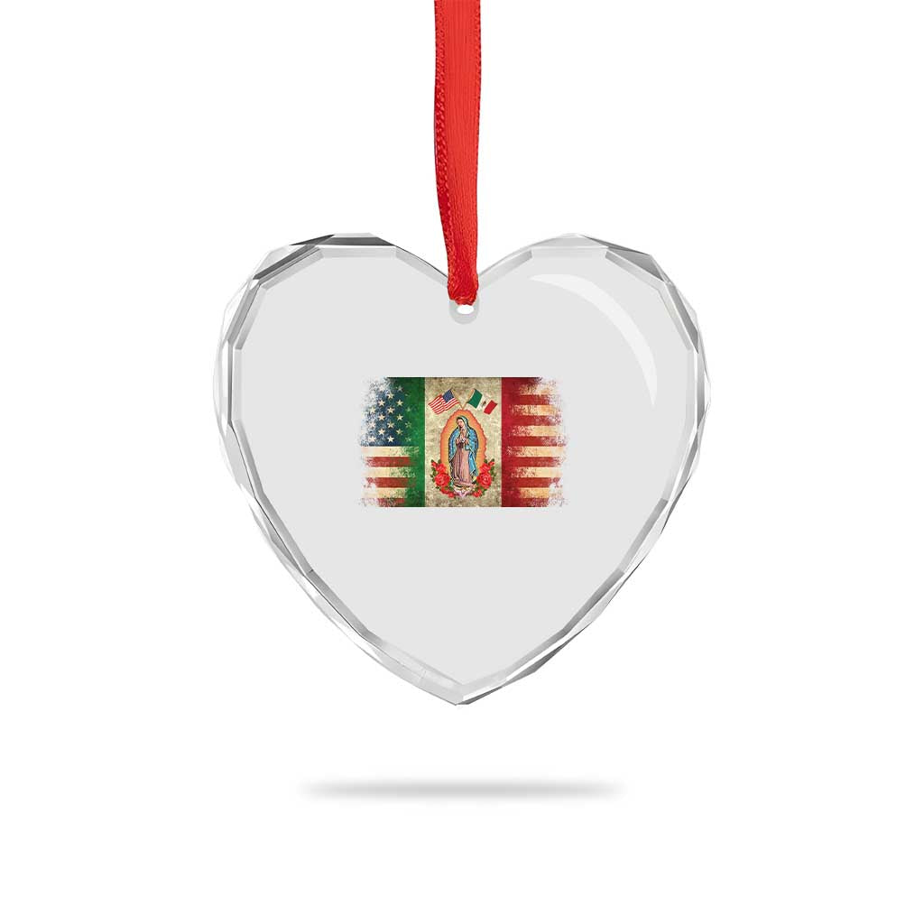 American Mexican Flag Heart Crystal Glass Ornament Virgin Mary Mexico Heritage Mexican Roots - Wonder Print Shop