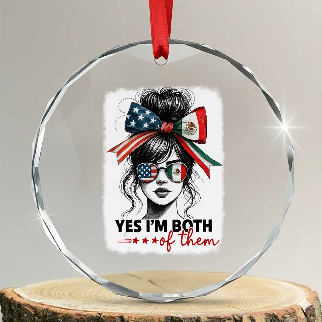 American Mexican Roots Crystal Glass Ornament Messy Bun Mexico America Half American Flag - Wonder Print Shop