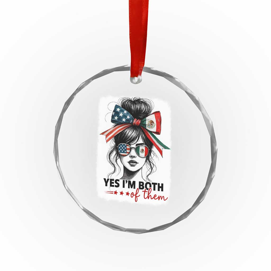 American Mexican Roots Crystal Glass Ornament Messy Bun Mexico America Half American Flag - Wonder Print Shop