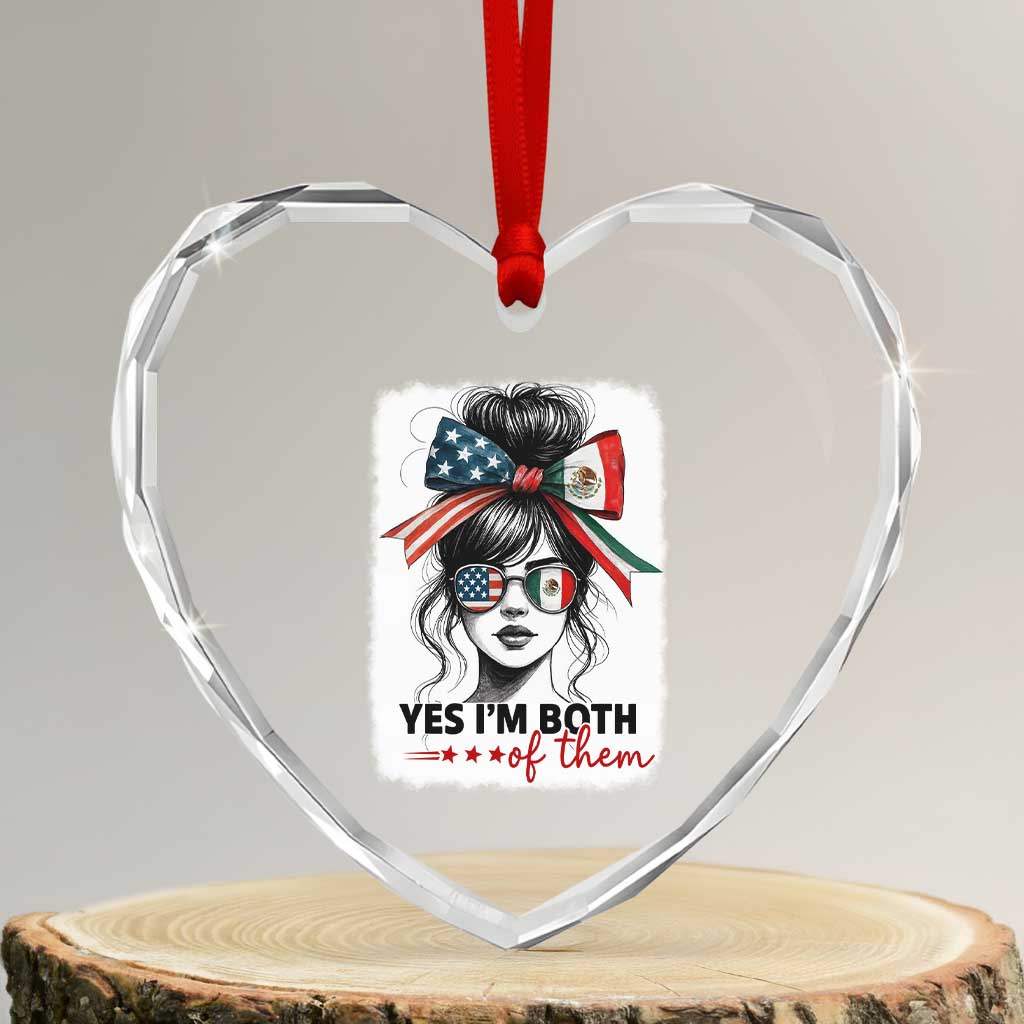 American Mexican Roots Heart Crystal Glass Ornament Messy Bun Mexico America Half American Flag - Wonder Print Shop