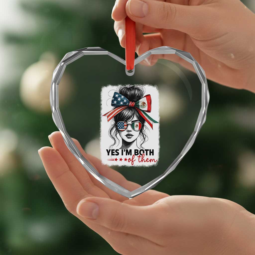 American Mexican Roots Heart Crystal Glass Ornament Messy Bun Mexico America Half American Flag - Wonder Print Shop