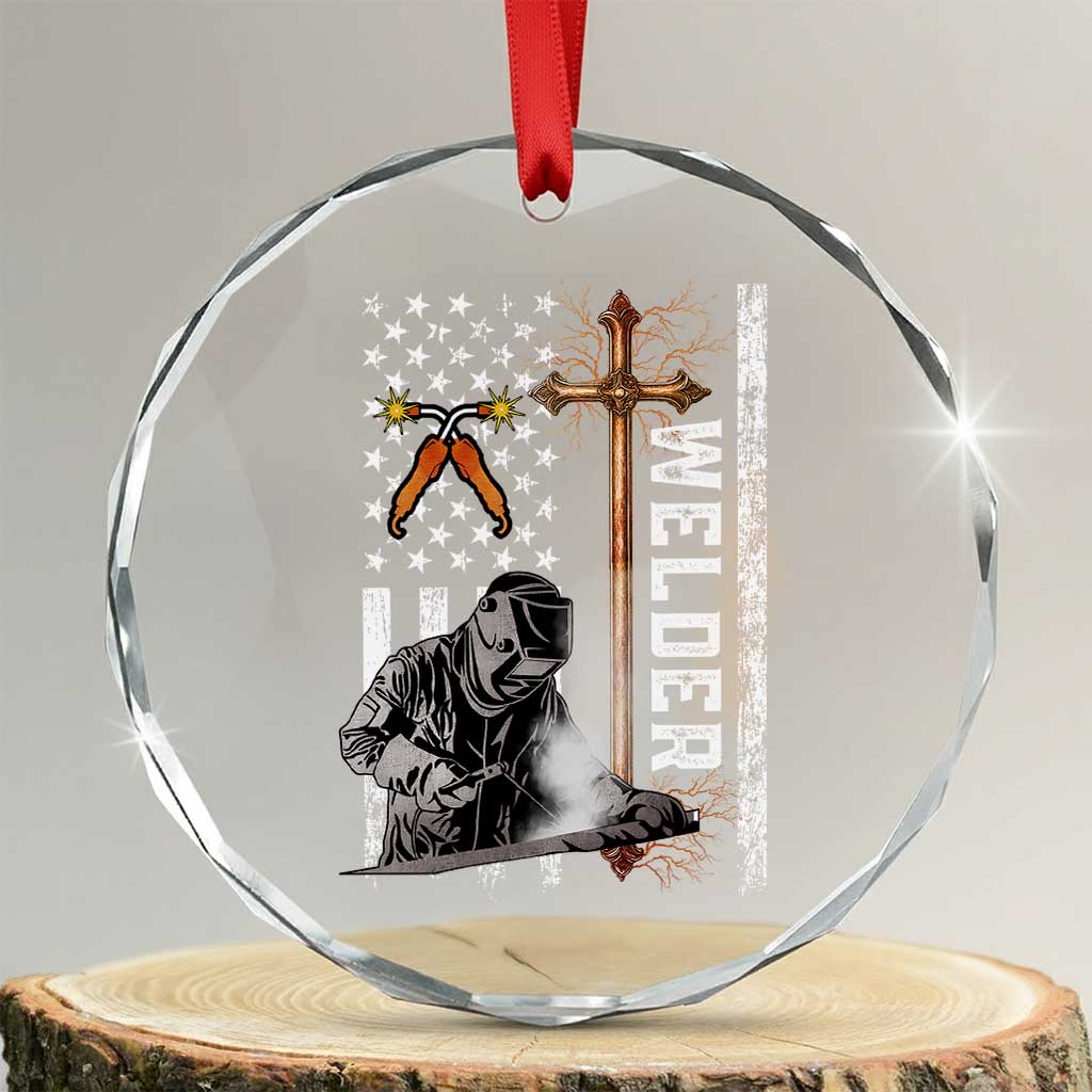 American Welder Crystal Glass Ornament Welding USA Flag Christian Cross - Wonder Print Shop