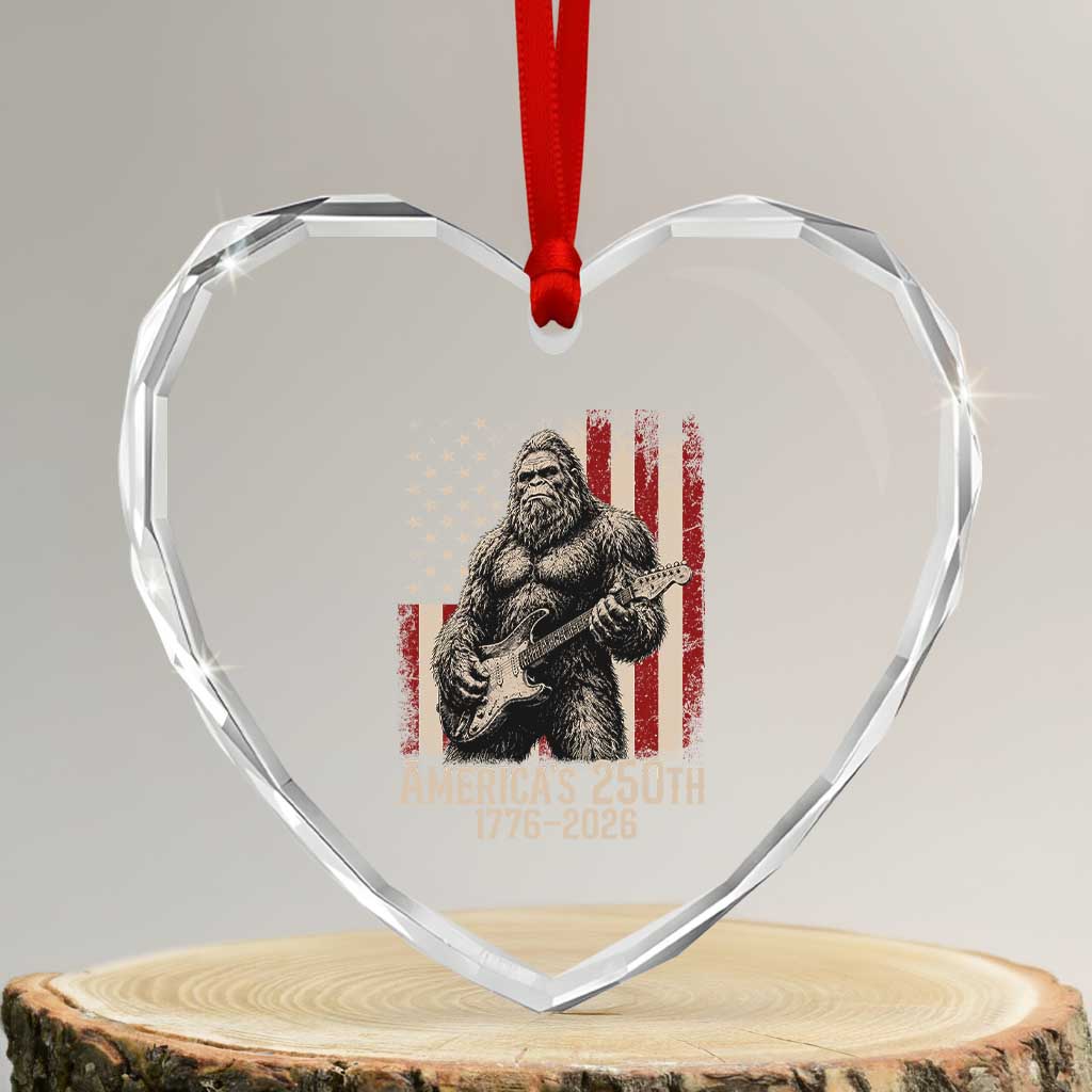 Americas 250th Anniversary 1776-2026 Bigfoot Rock Star Heart Crystal Glass Ornament Playing Electric Guitar Distressed American Flag Graphic