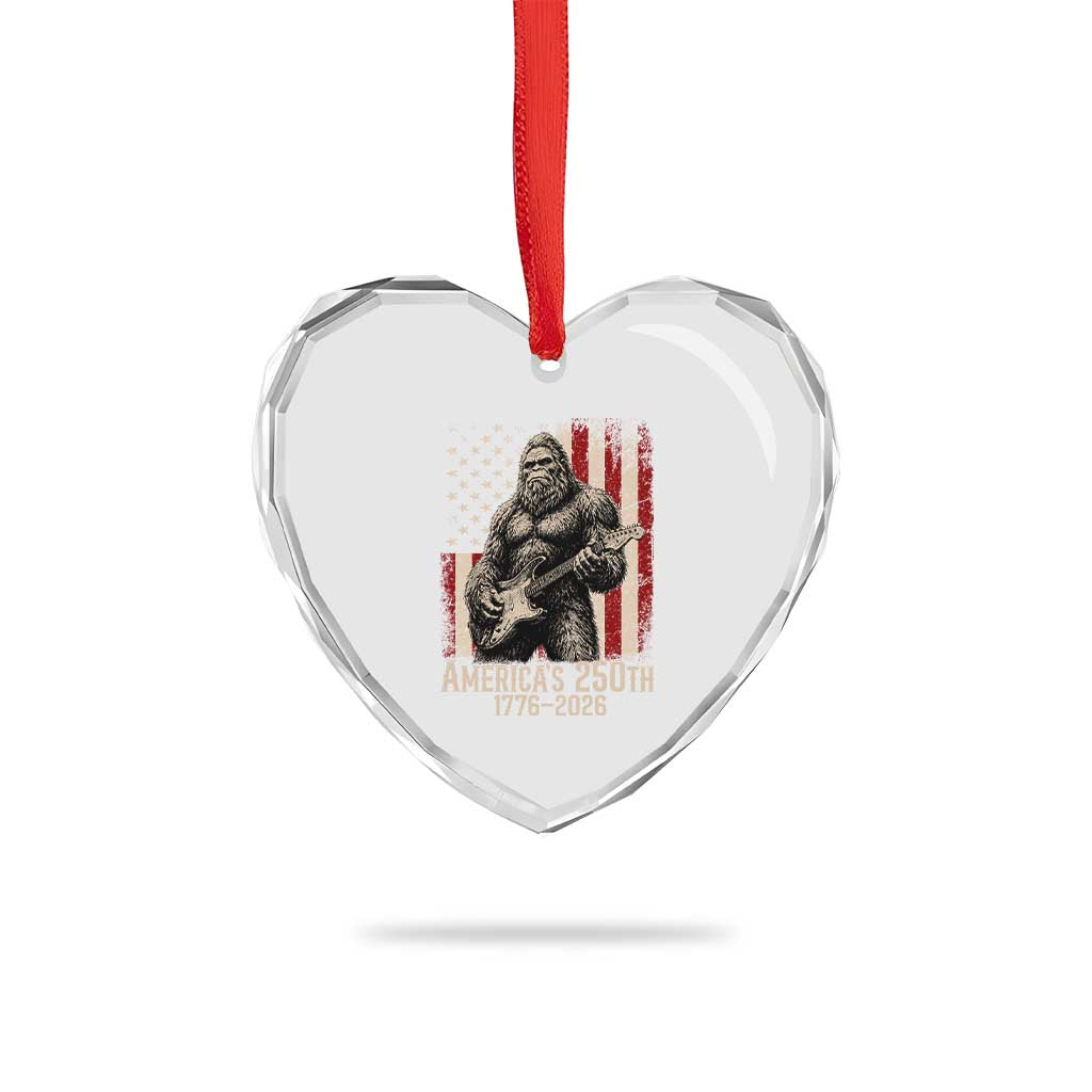 Americas 250th Anniversary 1776-2026 Bigfoot Rock Star Heart Crystal Glass Ornament Playing Electric Guitar Distressed American Flag Graphic