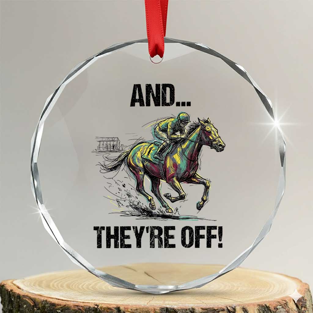 And They’re Off Colorful Horse Racing Sketch Crystal Glass Ornament Jockey and Thoroughbred Sprinting Race Day