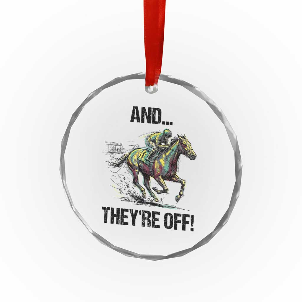 And They’re Off Colorful Horse Racing Sketch Crystal Glass Ornament Jockey and Thoroughbred Sprinting Race Day