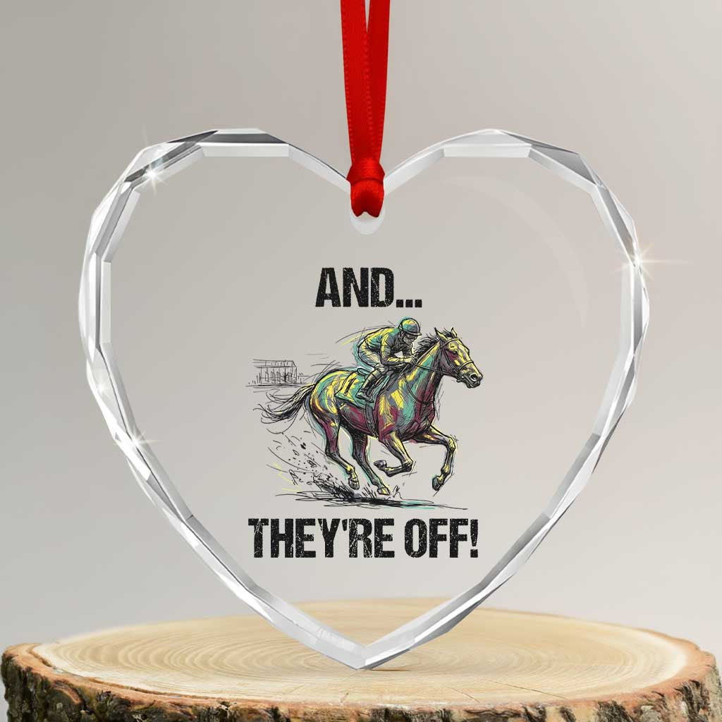 And They’re Off Colorful Horse Racing Sketch Heart Crystal Glass Ornament Jockey and Thoroughbred Sprinting Race Day