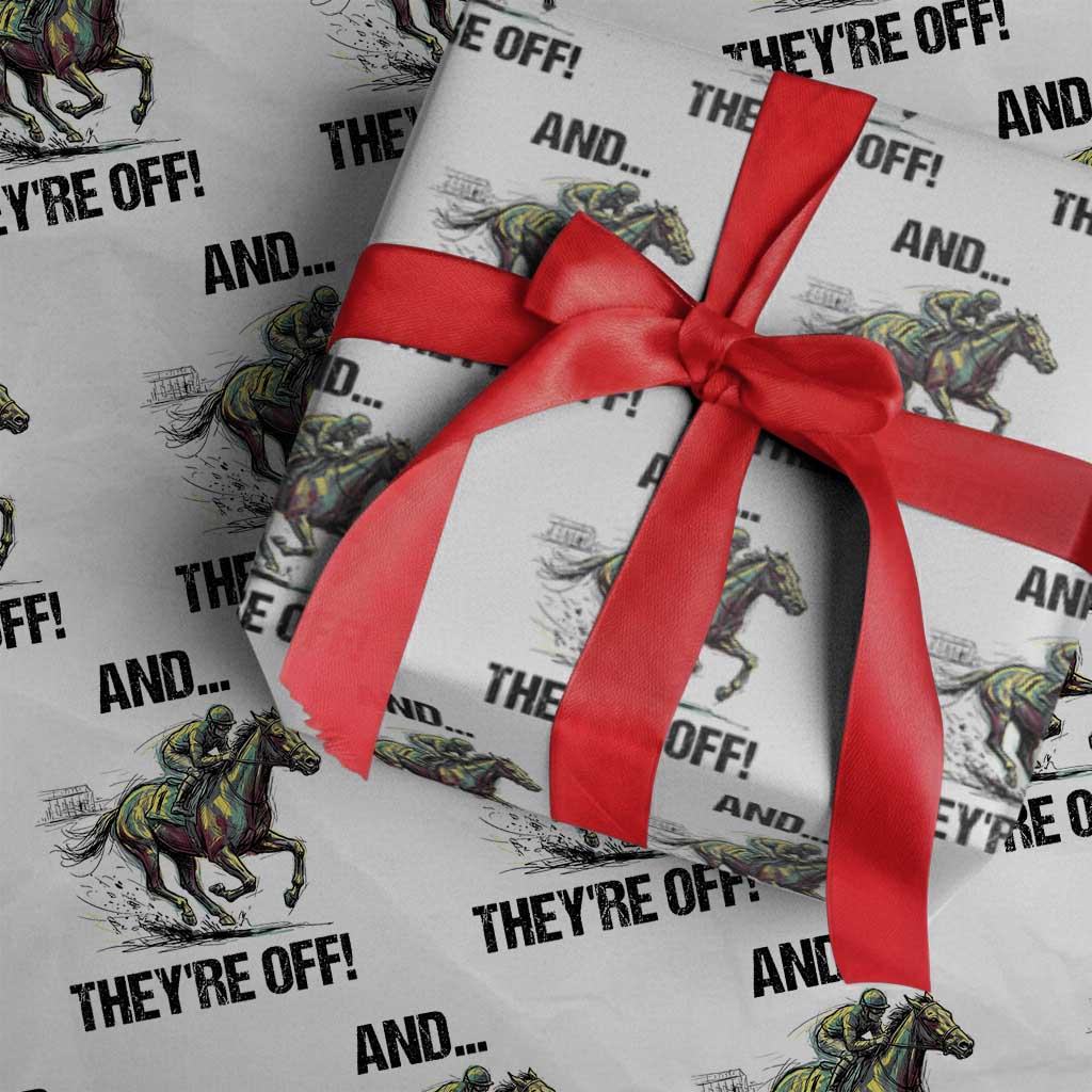 And They’re Off Colorful Horse Racing Sketch Wrapping Paper Roll Jockey and Thoroughbred Sprinting Race Day