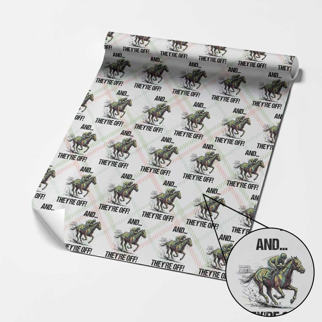 And They’re Off Colorful Horse Racing Sketch Wrapping Paper Roll Jockey and Thoroughbred Sprinting Race Day