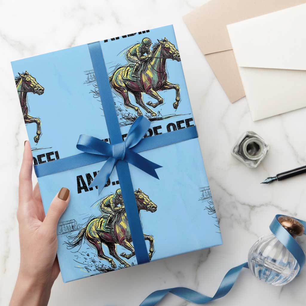 And They’re Off Colorful Horse Racing Sketch Wrapping Paper Roll Jockey and Thoroughbred Sprinting Race Day