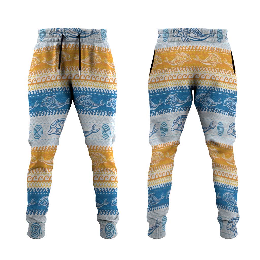 Anguilla Dolphins Pattern Jogger Pants Orange And Blue - Wonder Print Shop