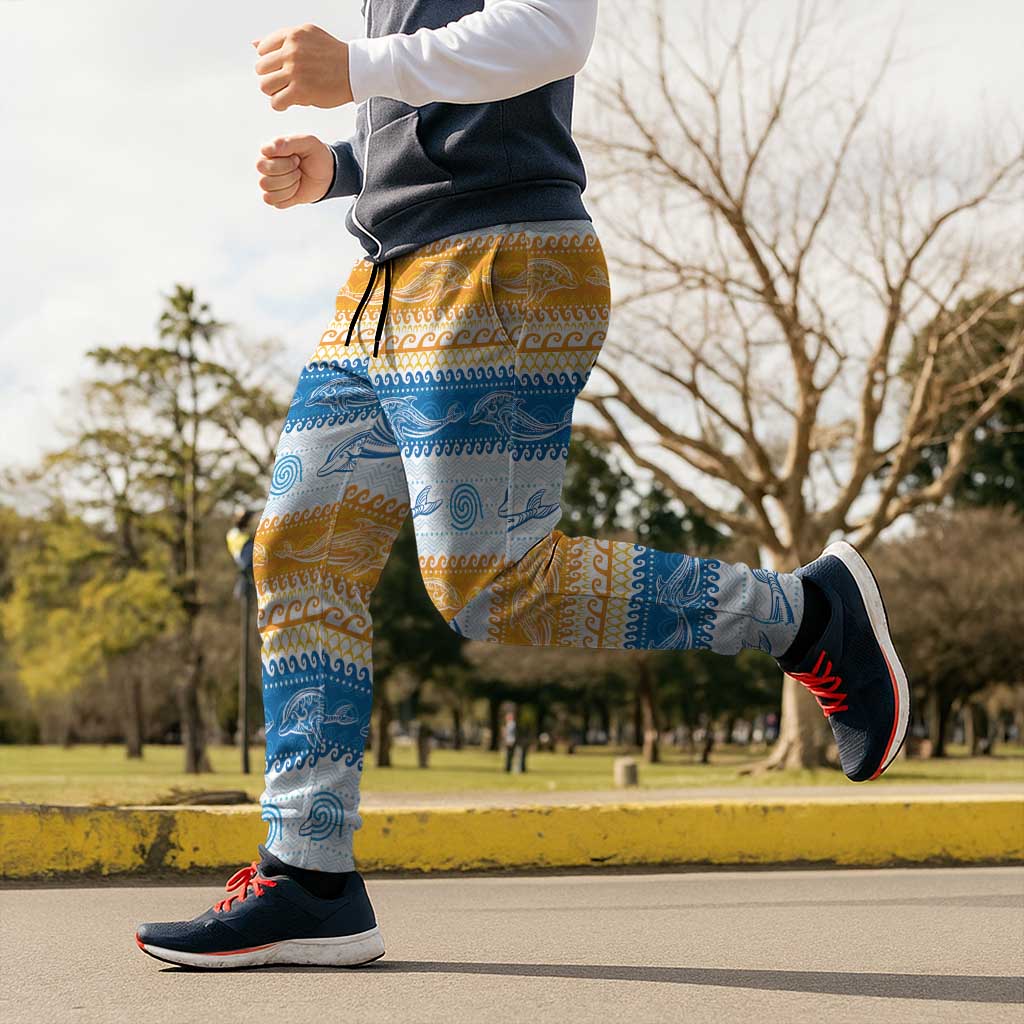 Anguilla Dolphins Pattern Jogger Pants Orange And Blue - Wonder Print Shop