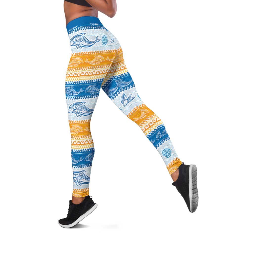 Anguilla Dolphins Pattern Leggings Orange And Blue - Wonder Print Shop
