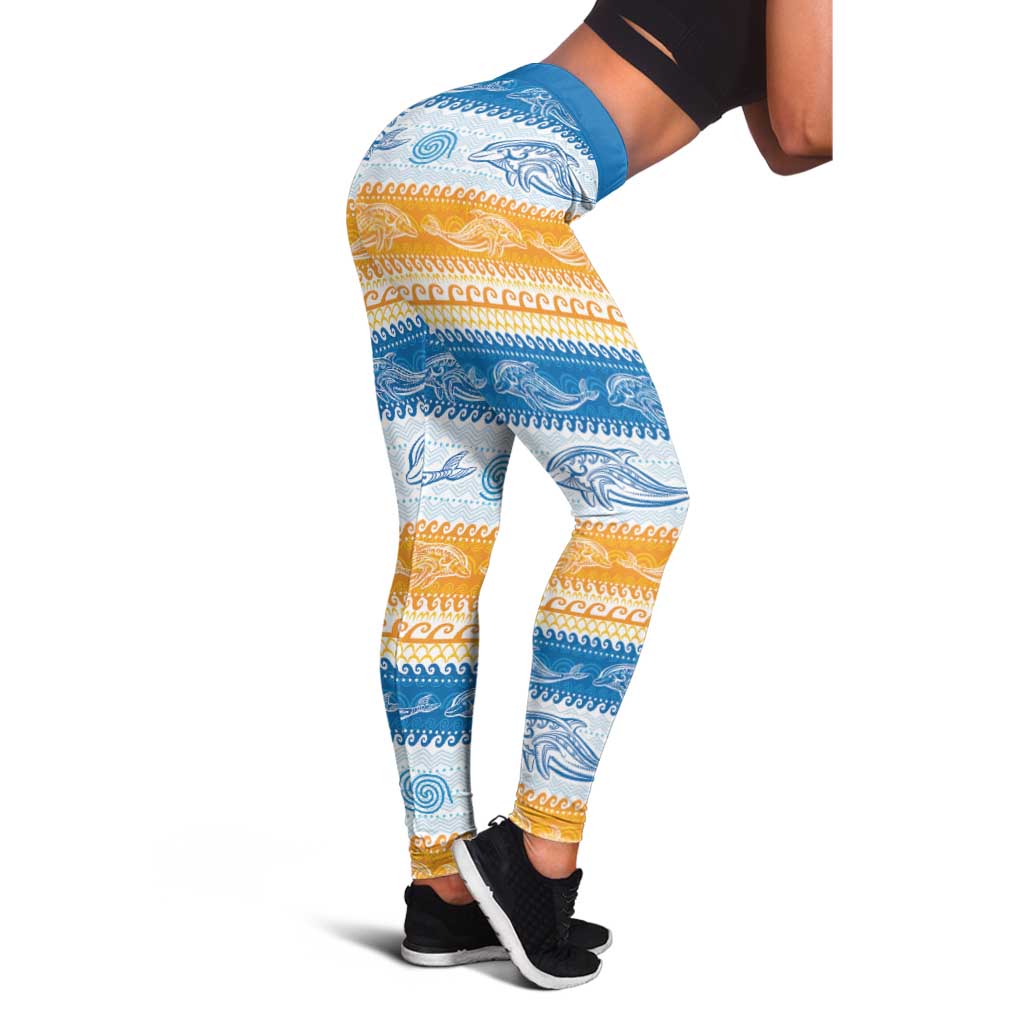 Anguilla Dolphins Pattern Leggings Orange And Blue - Wonder Print Shop